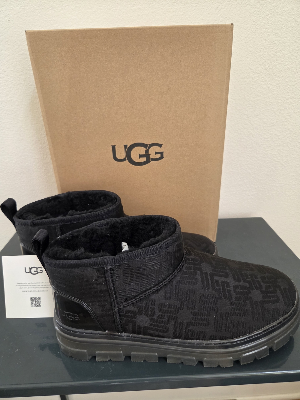 NIB UGG Classic Ultra Mini Monogram Boots Black - Size 9 RARE